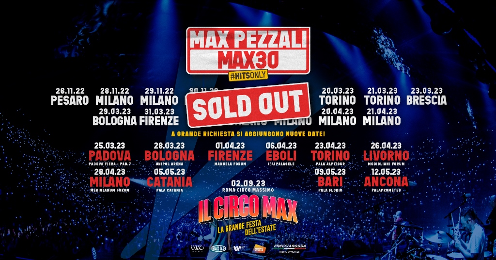 Max Pezzali raddoppia al PalaSele, sold out la tappa del 7 aprile, nuova data il 6 aprile .Il calendario aggiornato degli show attesi in primavera 2023.